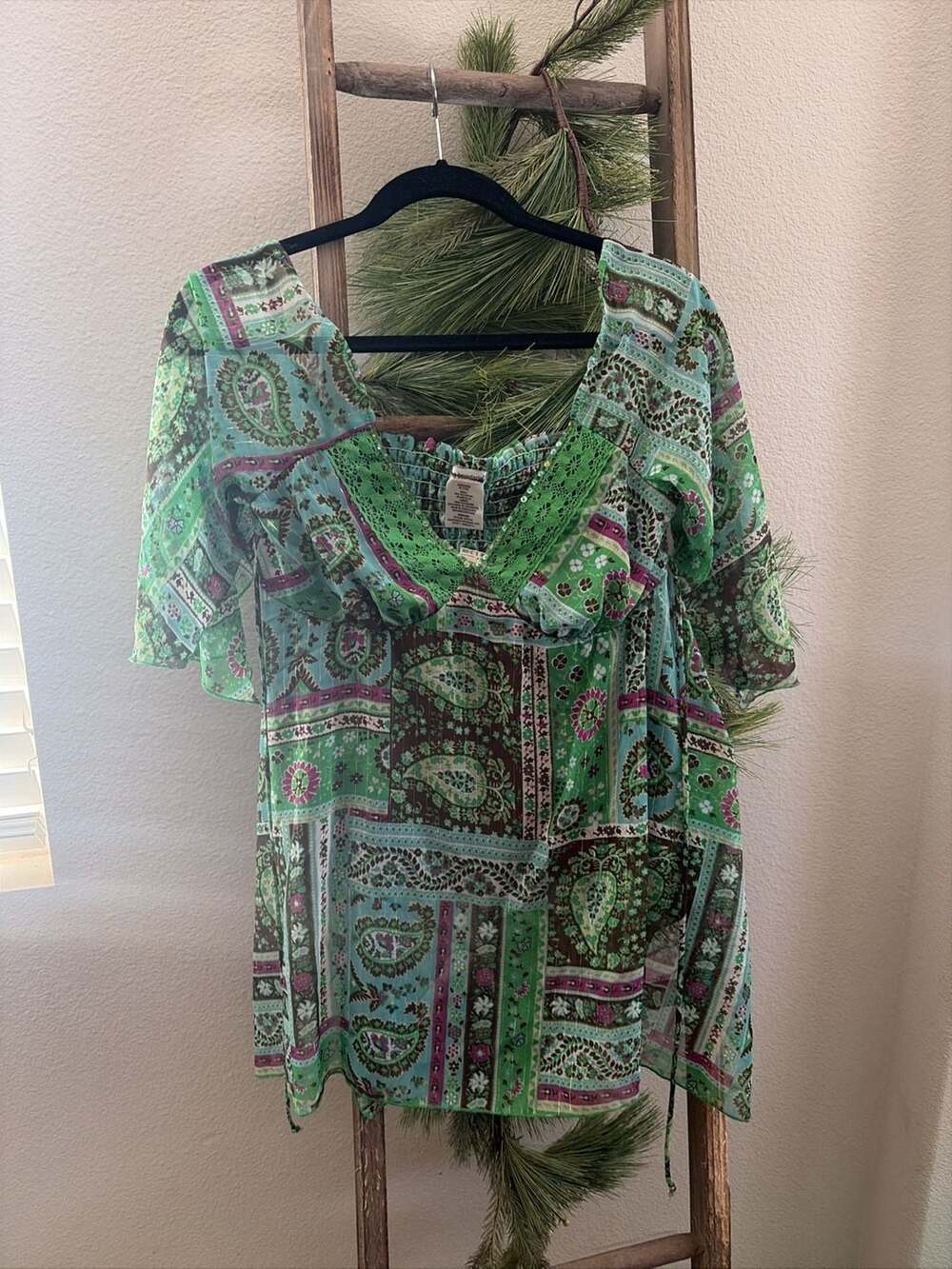No Boundaries Green Paisley Patchwork Boho Juniors Blouse with Lace and Sequins